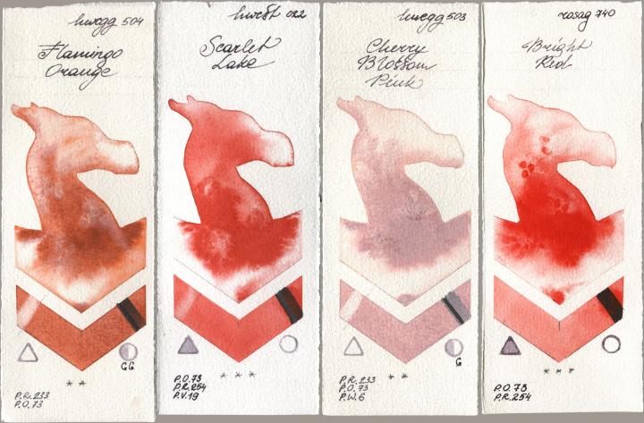 Holbein Artists Watercolor 504 Flamingo Orange, 022 Scarlet Lake, 503 Cherry Blossom Pink, Rosa Gallery 740 Bright R watercolor swatch