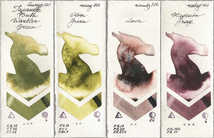 Holbein Artists Watercolor 521 Japanese Bush Warbler Green, Rosa Gallery 713 Olive Green, Roman Szmal Aquarius 384 Lava, 764 Magenta Gr watercolor swatch