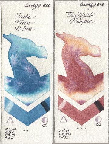 Holbein Artists Watercolor 532 Jade Vine Blue, 543 Twilight Purp watercolor swatch
