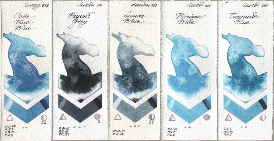 Holbein Artists Watercolor 532 Jade Vine Blue, 156 Paynes Grey, Daniel Smith 183 Lunar Blue, 104 Horizon Blue, 099 Turquoise Bl watercolor swatch