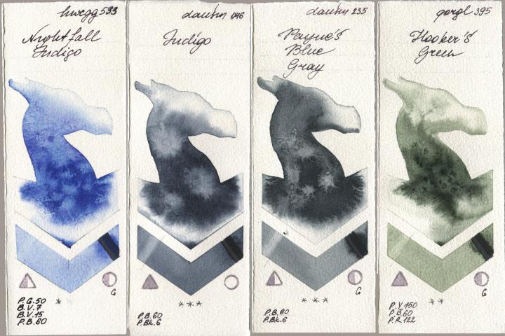 Holbein Artists Watercolor 533 Nightfall Indigo, Daniel Smith 046 Indigo, 235 Paynes Blue Gray, Golden QOR 395 Hookers Gre watercolor swatch