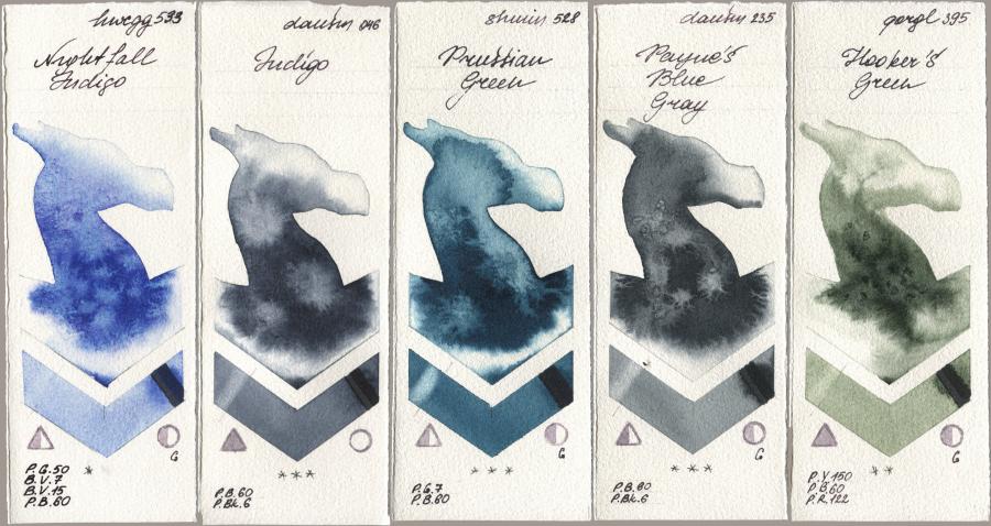Holbein Artists Watercolor 533 Nightfall Indigo, Daniel Smith 046 Indigo, Shminke Horadam Aquarell 528 Prussian Green, 235 Paynes Blue Gray, Golden QOR 395 Hookers Gre watercolor swatch