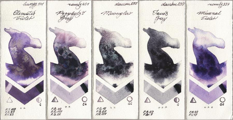 Holbein Artists Watercolor 541 Clematis Violet, Roman Szmal Aquarius 401 Przybyszs Grey, Daniel Smith 057 Moonglow, 239 Janes Grey, 334 Mineral Viol watercolor swatch