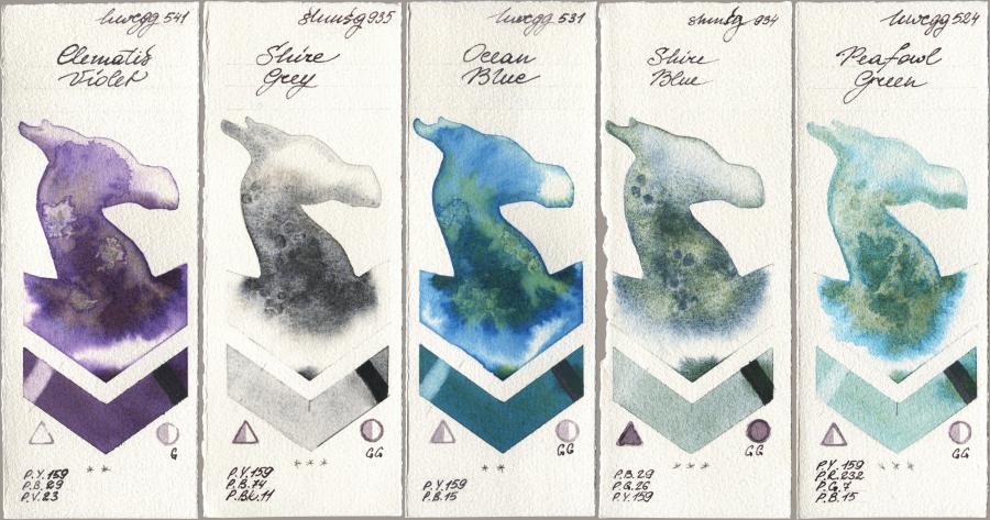 Holbein Artists Watercolor 541 Clematis Violet, Shminke Horadam Aquarell 935 Shire Grey, 531 Ocean Blue, 934 Shire Blue, 524 Peafowl Gre watercolor swatch
