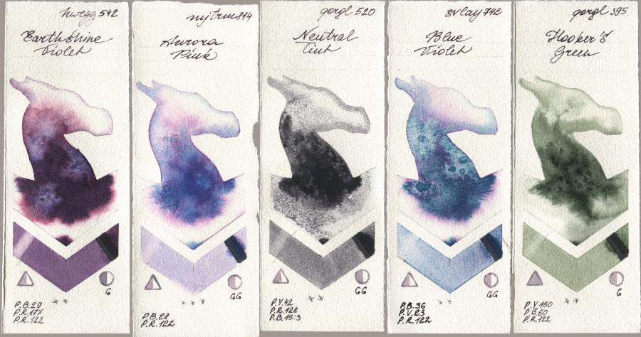 Holbein Artists Watercolor 542 Earthshine Violet, Mijello Mission Gold 814 Aurora Pink, Golden QOR 520 Neutral Tint, SuperVision 742 Blue Violet, 395 Hookers Gre watercolor swatch