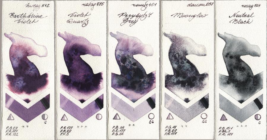 Holbein Artists Watercolor 542 Earthshine Violet, Rosa Gallery 785 Violet Quartz, Roman Szmal Aquarius 401 Przybyszs Grey, Daniel Smith 057 Moonglow, 724 Neutral Bla watercolor swatch