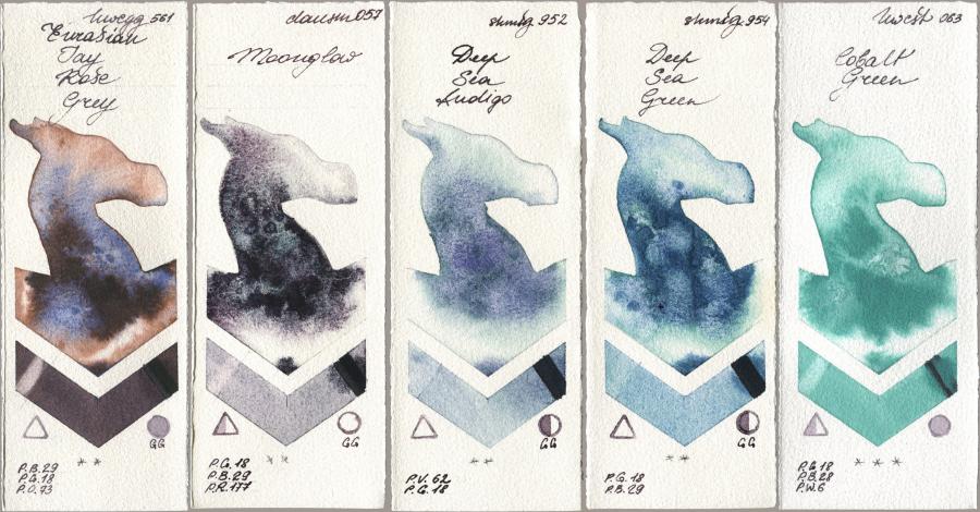 Holbein Artists Watercolor 561 Eurasian Jay Rose Grey, Daniel Smith 057 Moonglow, Shminke Horadam Aquarell 952 Deep Sea Indigo, 954 Deep Sea Green, 063 Cobalt Gre watercolor swatch