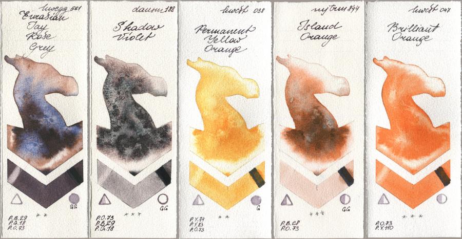 Holbein Artists Watercolor 561 Eurasian Jay Rose Grey, Daniel Smith 188 Shadow Violet, 038 Permanent Yellow Orange, Mijello Mission Gold 844 Island Orange, 047 Brilliant Oran watercolor swatch
