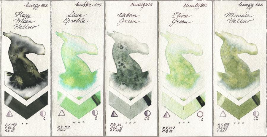 Holbein Artists Watercolor 562 Hazy Moon Yellow, Kusakabe 016 Lime Sparkle, Shminke Horadam Aquarell 936 Urban Green, 933 Shire Green, 522 Mimosa Yell watercolor swatch