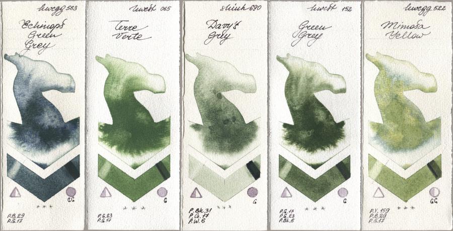 Holbein Artists Watercolor 563 Echinops Green Grey, 065 Terre Verte, Shinhan PWC 690 Davys Grey, 152 Green Grey, 522 Mimosa Yell watercolor swatch