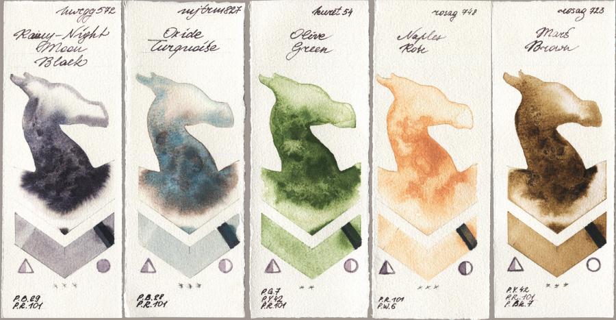 Holbein Artists Watercolor 572 Rainy-Night Moon Back vs Mijello Mission Gold 827 Oxide Turquoise vs Kuretake Gansai Tambi 054 Olive Green vs Rosa Gallery 748 Naples Rose vs 723 Mars Brown watercolor swatch