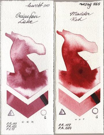 Holbein Artists Watercolor 010 Crimson Lake, Rosa Gallery 725 Madder R watercolor swatch