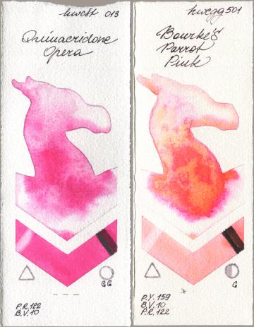 Holbein Artists Watercolor 013 Opera (Quinacridone Opera), 501 Bourkes Parrot Pi watercolor swatch