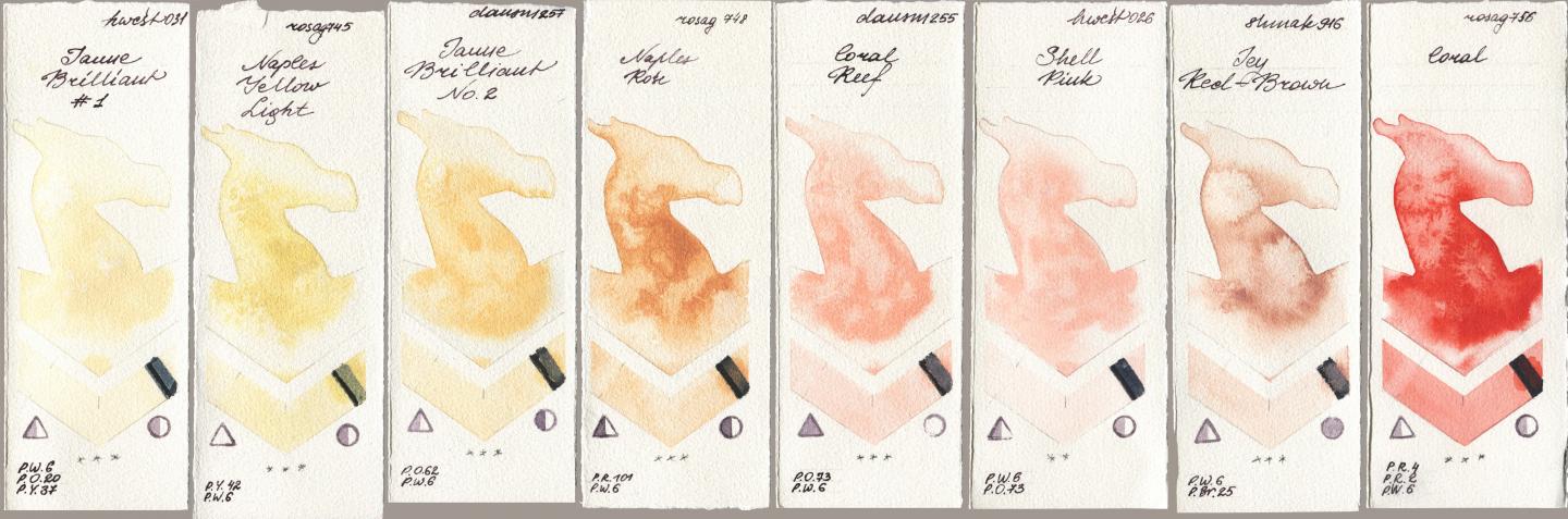 Holbein Artists Watercolor 031 Jaune Brilliant No 1, Rosa Gallery 745 Naples Yellow Light, Daniel Smith 257 Jaune Brilliant No 2, 748 Naples Rose, 255 Coral Reef, 026 Shell Pink, Shminke Akademie Aquarell 916 Icy Red-Brown, 756 Cor watercolor swatch