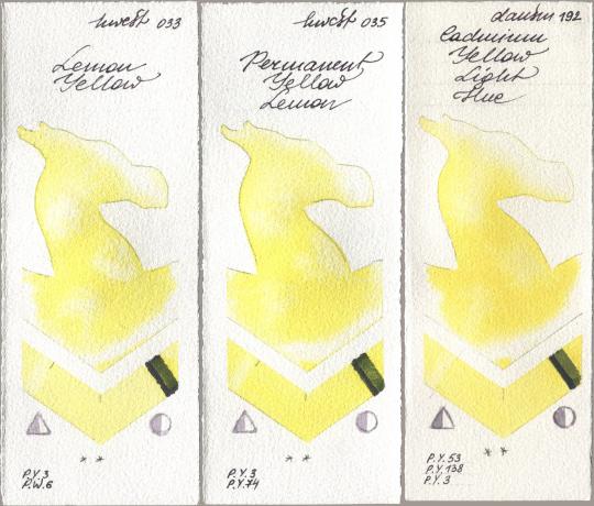 Holbein Artists Watercolor 033 Lemon Yellow, 035 Permanent Yellow Lemon, Daniel Smith 192 Cadmium Yellow Light H watercolor swatch