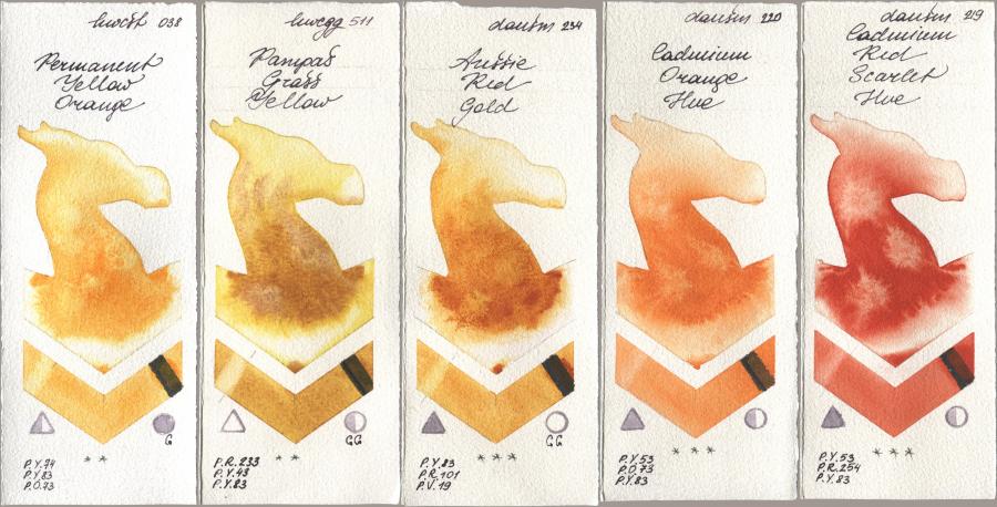 Holbein Artists Watercolor 038 Permanent Yellow Orange, 511 Pampas Grass Yellow, Daniel Smith 234 Aussie Red Gold, 220 Cadmium Orange Hue, 219 Cadmium Red Scarlet H watercolor swatch