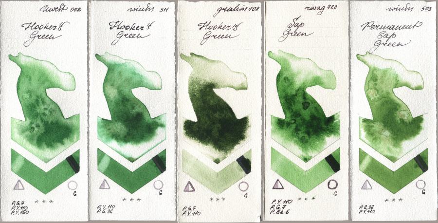 Holbein Artists Watercolor 062 Hookers Green, Winsor & Newton Professional 311 Hookers Green, M. Graham & Co. Artists 108 Hookers Green, Rosa Gallery 728 Sap Green, 503 Permanent Sap Gre watercolor swatch
