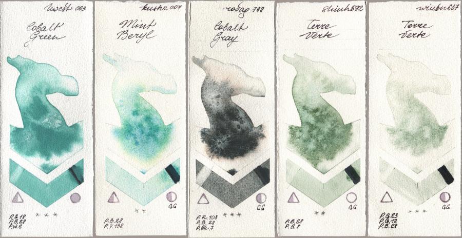 Holbein Artists Watercolor 063 Cobalt Green, Kusakabe 007 Mint Beryl, Rosa Gallery 768 Cobalt Gray, Shinhan PWC 592 Terre Verte, Winsor & Newton Professional 637 Terre Ver watercolor swatch