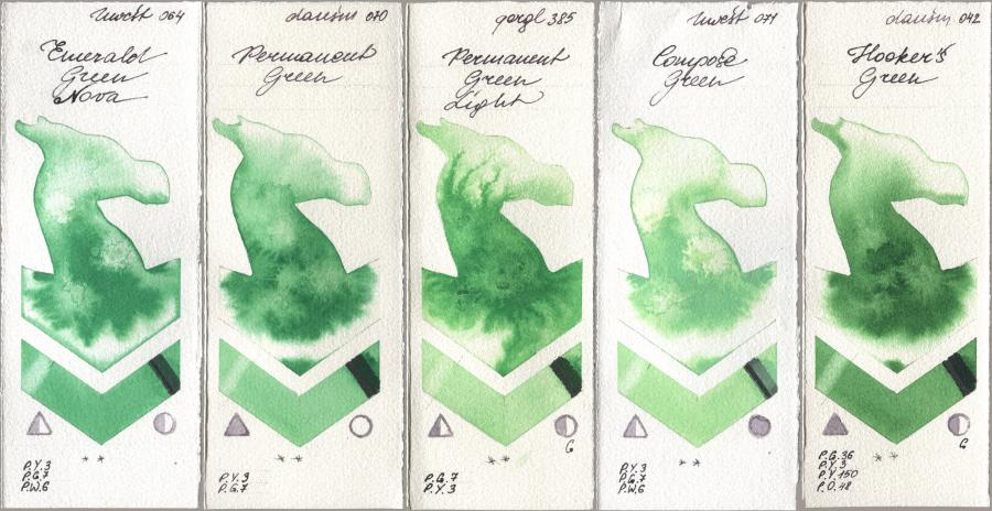 Holbein Artists Watercolor 064 Emerald Green Nova, Daniel Smith 070 Permanent Green, Golden QOR 385 Permanent Green Light, 071 Compose Green, 042 Hookers Gre watercolor swatch