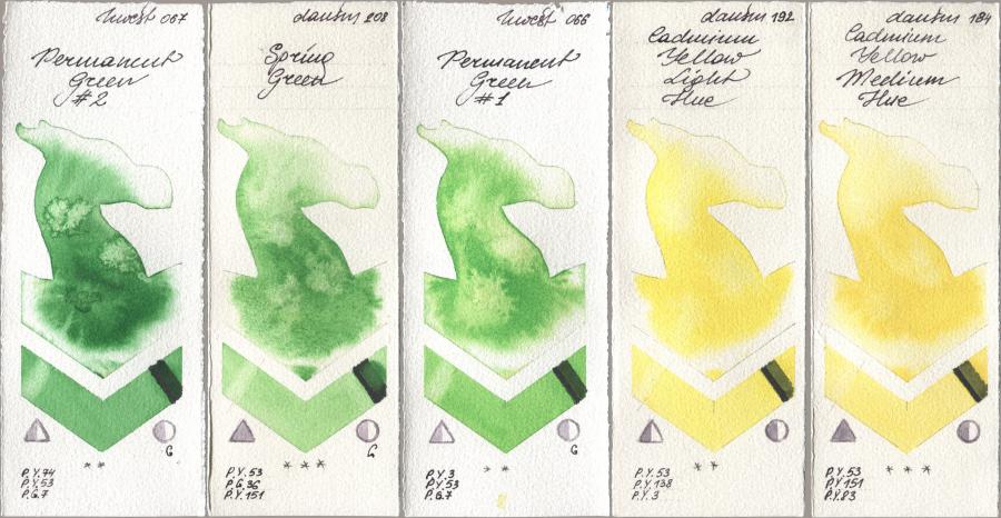 Holbein Artists Watercolor 067 Permanent Green No 2, Daniel Smith 208 Spring Green, 066 Permanent Green No 1, 192 Cadmium Yellow Light Hue, 184 Cadmium Yellow Medium H watercolor swatch