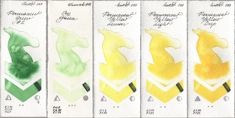Holbein Artists Watercolor 067 Permanent Green No 2, Shminke Akademie Aquarell 915 Icy Green, 035 Permanent Yellow Lemon, 036 Permanent Yellow Light, 037 Permanent Yellow De watercolor swatch