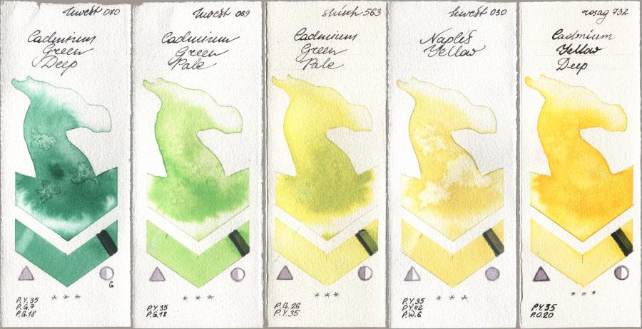 Holbein Artists Watercolor 070 Cadmium Green Deep, 069 Cadmium Green Pale, Shinhan PWC 563 Cadmium Green Pale, 030 Naples Yellow, Rosa Gallery 732 Cadmium Yellow De watercolor swatch