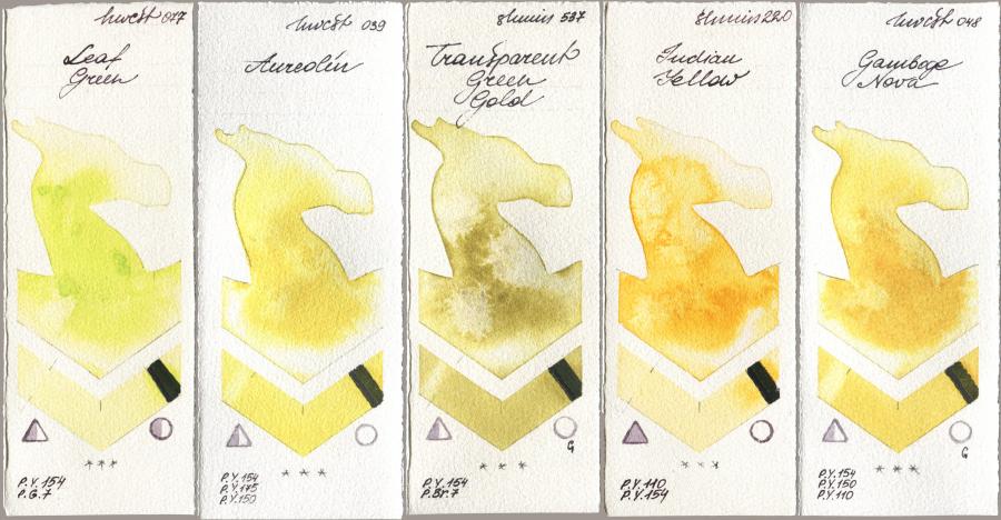 Holbein Artists Watercolor 077 Leaf Green, 039 Aureolin, Shminke Horadam Aquarell 537 Transparent Green Gold, 220 Indian Yellow, 048 Gamboge No watercolor swatch