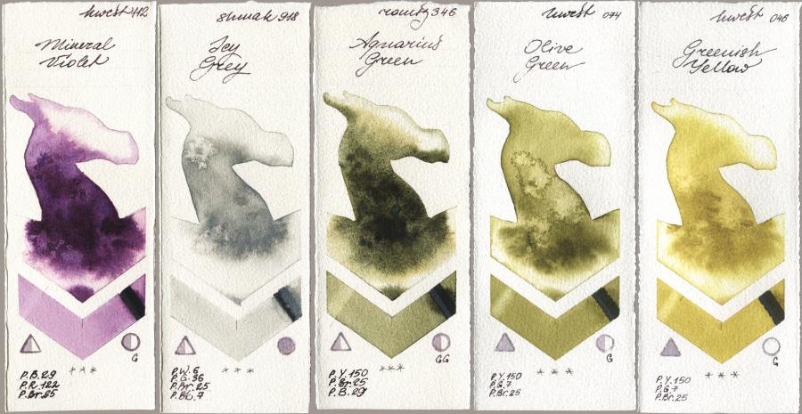 Holbein Artists Watercolor 112 Mineral Violet, Shminke Akademie Aquarell 918 Icy Grey, Roman Szmal Aquarius 346 Aquarius Green, 074 Olive Green, 046 Greenish Yell watercolor swatch