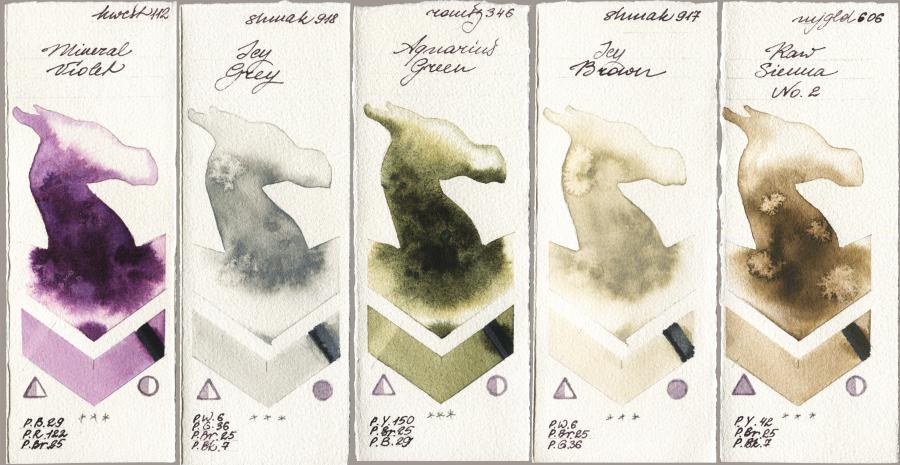 Holbein Artists Watercolor 112 Mineral Violet vs Shminke Akademie Aquarell 918 Icy Grey vs Roman Szmal Aquarius 346 Aquarius Green vs 917 Icy Brown vs Mijello Mission Gold 606 Raw Sienna No 2 watercolor swatch