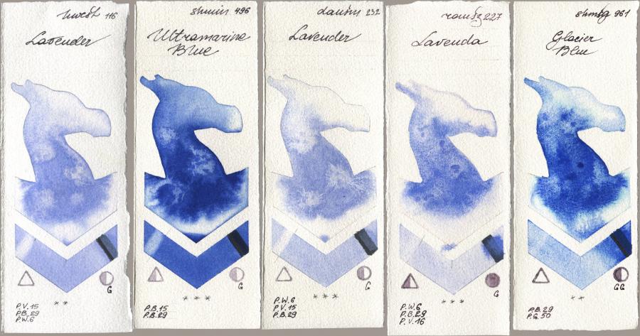 Holbein Artists Watercolor 116 Lavender, Shminke Horadam Aquarell 496 Ultramarine Blue, Daniel Smith 232 Lavender, Roman Szmal Aquarius 227 Lavenda, 961 Glacier Bl watercolor swatch