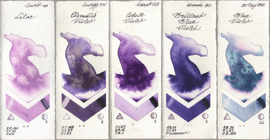 Holbein Artists Watercolor 117 Lilac, 541 Clematis Violet, Kuretake Gansai Tambi 139 Cobalt Violet, Shminke Horadam Aquarell 910 Brilliant Blue Violet, SuperVision 742 Blue Viol watercolor swatch