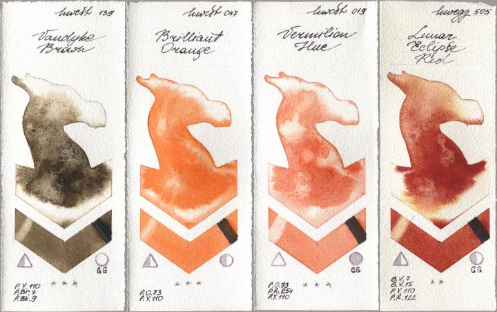 Holbein Artists Watercolor 139 Vandyke Brown, 047 Brilliant Orange, 019 Vermilion Hue, 505 Lunar Eclipse R watercolor swatch
