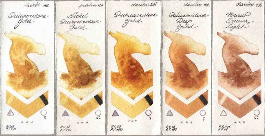 Holbein Artists Watercolor 142 Quinacridone Gold, M. Graham & Co. Artists 124 Nickel Quinacridone Gold, Daniel Smith 238 Quinacridone Gold, 152 Quinacridone Deep Gold, 230 Burnt Sienna Lig watercolor swatch