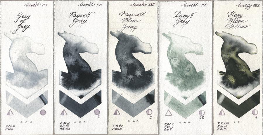 Holbein Artists Watercolor 153 Grey of Grey, 156 Paynes Grey, Daniel Smith 235 Paynes Blue Gray, 155 Davys Grey, 562 Hazy Moon Yell watercolor swatch