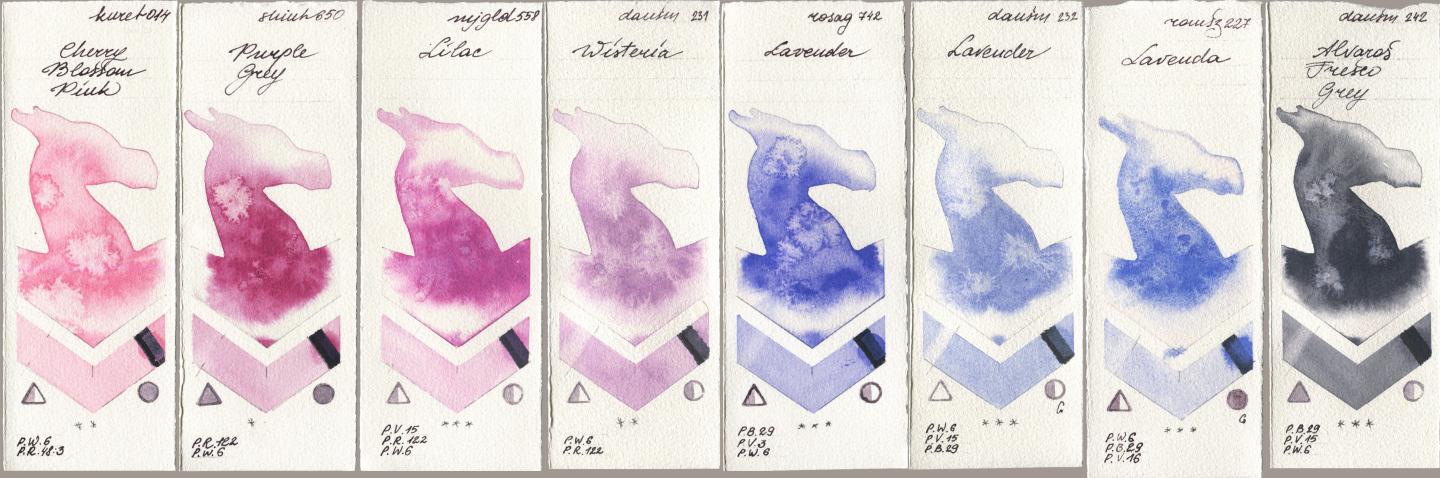 Kuretake Gansai Tambi 014 Cherry Blossom Pink, Shinhan PWC 650 Purple Grey, Mijello Mission Gold 558 Lilac, Daniel Smith 231 Wisteria, Rosa Gallery 742 Lavender, 232 Lavender, Roman Szmal Aquarius 227 Lavenda, 242 Alvaros Fresco Gr watercolor swatch