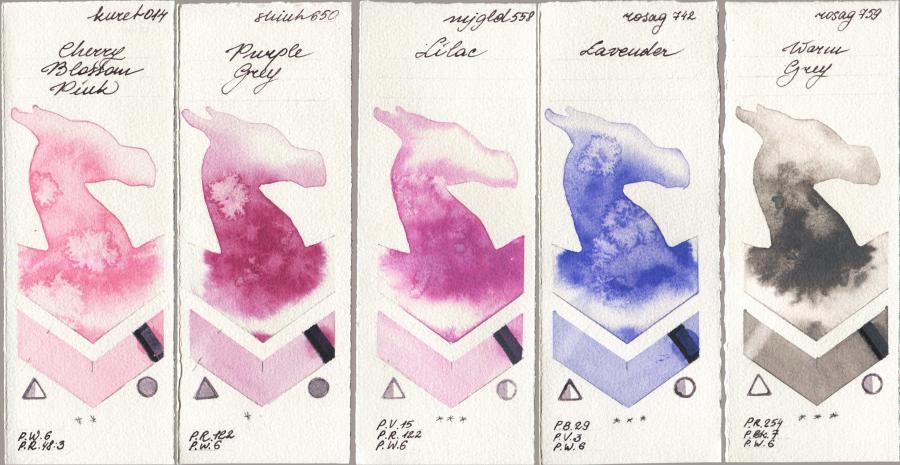 Kuretake Gansai Tambi 014 Cherry Blossom Pink vs Shinhan PWC 650 Purple Grey vs Mijello Mission Gold 558 Lilac vs Rosa Gallery 742 Lavender vs 759 Warm Grey watercolor swatch
