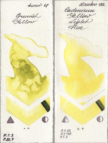 Kuretake Gansai Tambi 048 Greenish Yellow, Daniel Smith 192 Cadmium Yellow Light H watercolor swatch