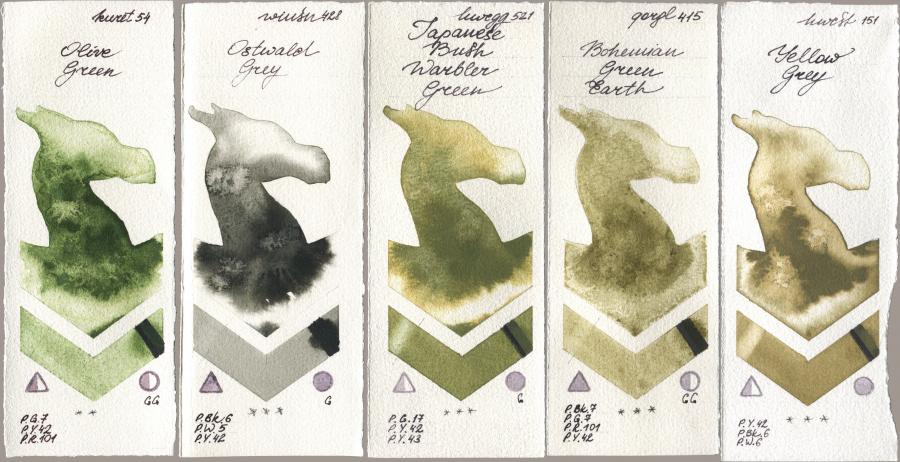 Kuretake Gansai Tambi 054 Olive Green, Winsor & Newton Professional 428 Ostwald Grey, Holbein Artists Watercolor 521 Japanese Bush Warbler Green, Golden QOR 415 Bohemian Green Earth, 151 Yellow Gr watercolor swatch