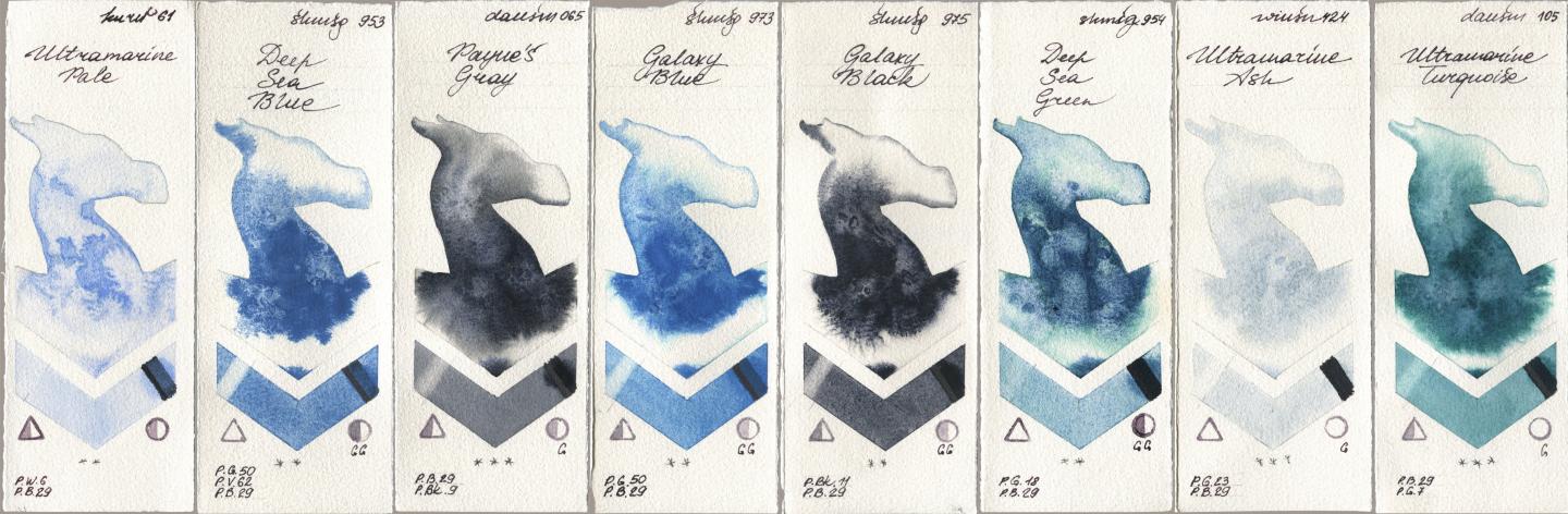Kuretake Gansai Tambi 061 Ultramatire Pale, Shminke Horadam Aquarell 953 Deep Sea Blue, Daniel Smith 065 Paynes Gray, 973 Galaxy Blue, 975 Galaxy Black, 954 Deep Sea Green, Winsor & Newton Professional 424 Ultramarine Ash, 105 Ultramarine Turquoi watercolor swatch