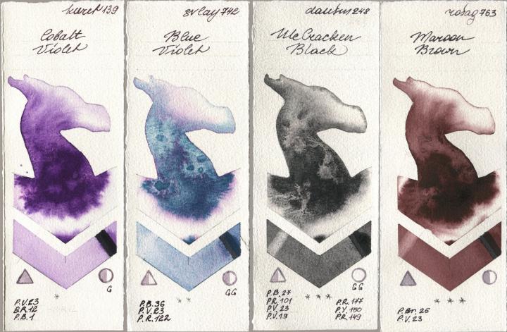 Kuretake Gansai Tambi 139 Cobalt Violet, SuperVision 742 Blue Violet, Daniel Smith 248 McCracken Black, Rosa Gallery 763 Maroon Bro watercolor swatch