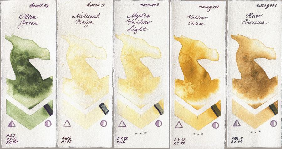 Kuretake Gansai Tambi 54 Olive Green vs 11 Natural Beige vs Rosa Gallery 745 Naples Yellow Light vs 719 Yellow Ochre vs 721 Raw Sienna watercolor swatch