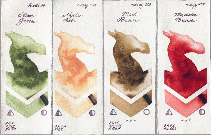 Kuretake Gansai Tambi 54 Olive Green vs Rosa Gallery 748 Naples Rose vs 723 Mars Brown vs 757 Madder Brown watercolor swatch