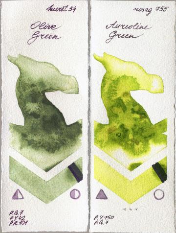 Kuretake Gansai Tambi 54 Olive Green vs Rosa Gallery 755 Aureoline Green watercolor swatch