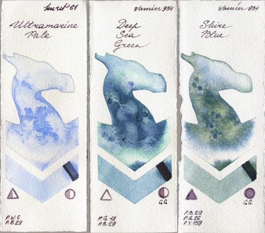 Kuretake Gansai Tambi 61 Ultramatire Pale vs Shminke Horadam Aquarell 954 Deep Sea Green vs 934 Shire Blue watercolor swatch