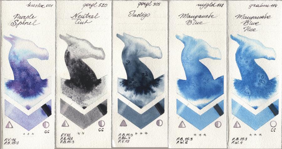Kusakabe 001 Purple Spinel, Golden QOR 520 Neutral Tint, 305 Indigo, Mijello Mission Gold 548 Manganese Blue, M. Graham & Co. Artists 114 Manganese Blue H watercolor swatch