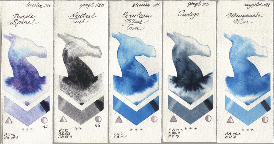 Kusakabe 001 Purple Spinel, Golden QOR 520 Neutral Tint, Shminke Horadam Aquarell 481 Cerulean Blue Tone, 305 Indigo, Mijello Mission Gold 548 Manganese Bl watercolor swatch