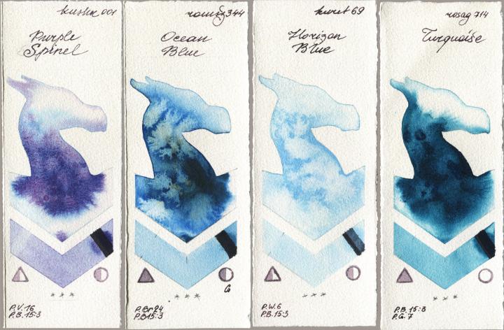 Kusakabe 001 Purple Spinel vs Roman Szmal Aquarius 344 Ocean Blue vs Kuretake Gansai Tambi 069 Horizon Blue vs Rosa Gallery 714 Turquiose watercolor swatch