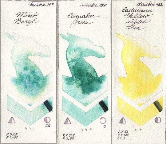 Kusakabe 007 Mint Beryl, Winsor & Newton Professional 420 Cinnabar Green, Daniel Smith 192 Cadmium Yellow Light H watercolor swatch