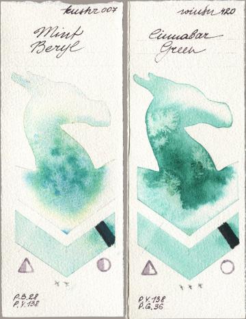 Kusakabe 007 Mint Beryl vs Winsor & Newton Professional 420 Cinnabar Green watercolor swatch
