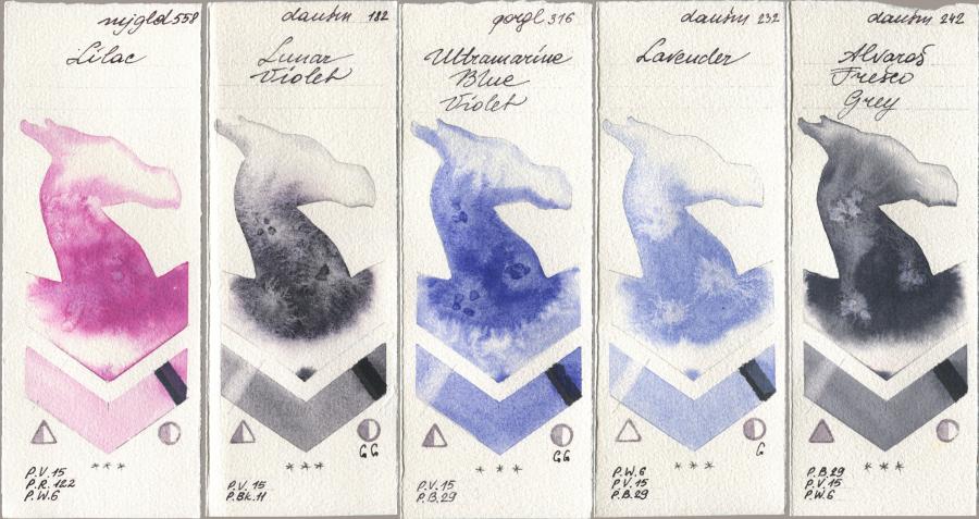 Mijello Mission Gold 558 Lilac, Daniel Smith 182 Lunar Violet, Golden QOR 316 Ultramarine Blue Violet, 232 Lavender, 242 Alvaros Fresco Gr watercolor swatch